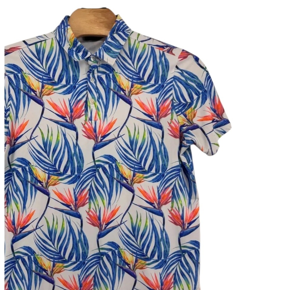 Sunday Swagger Mens XL Bird of Paradise Floral Golf Polo Shirt Blue Orange White